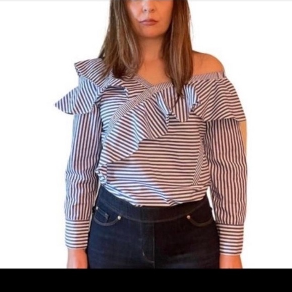 V Cristina White/Pink  Pinstripe Cold Shoulder Asymmetric Button Down Shirt L - Picture 9 of 9